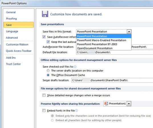 Customize how documents are saved in PowerPoint (format and other options)