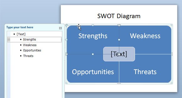 SWOT PowerPoint Diagram created with SmartArt graphics in PowerPoint