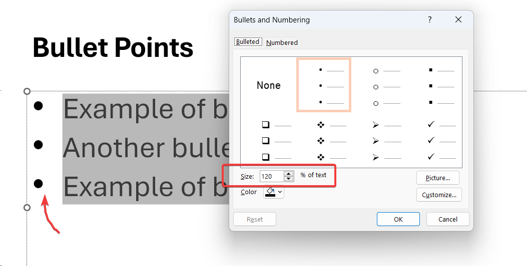 How to Increase the Size of a Bullet in PowerPoint by 120%