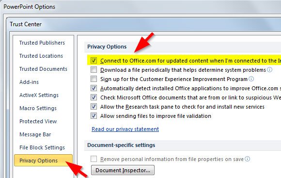 Connect to Office.com for updated content when I am connected to the Internet - Privacy Options PowerPoint