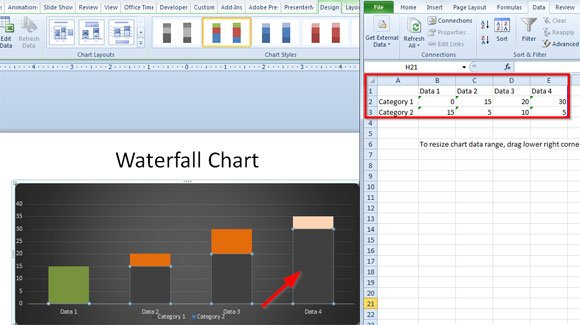 Example how to make a waterfall chart in PowerPoint