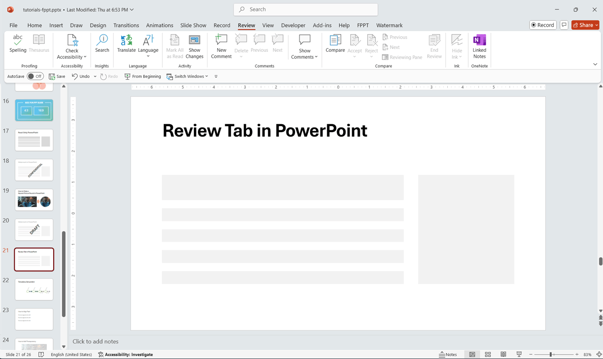 Example of Review Tab in PowerPoint