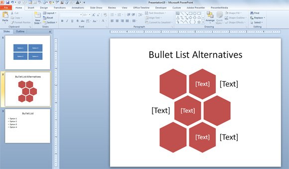 Creative bullet list ideas using hexagonal shapes in PowerPoint