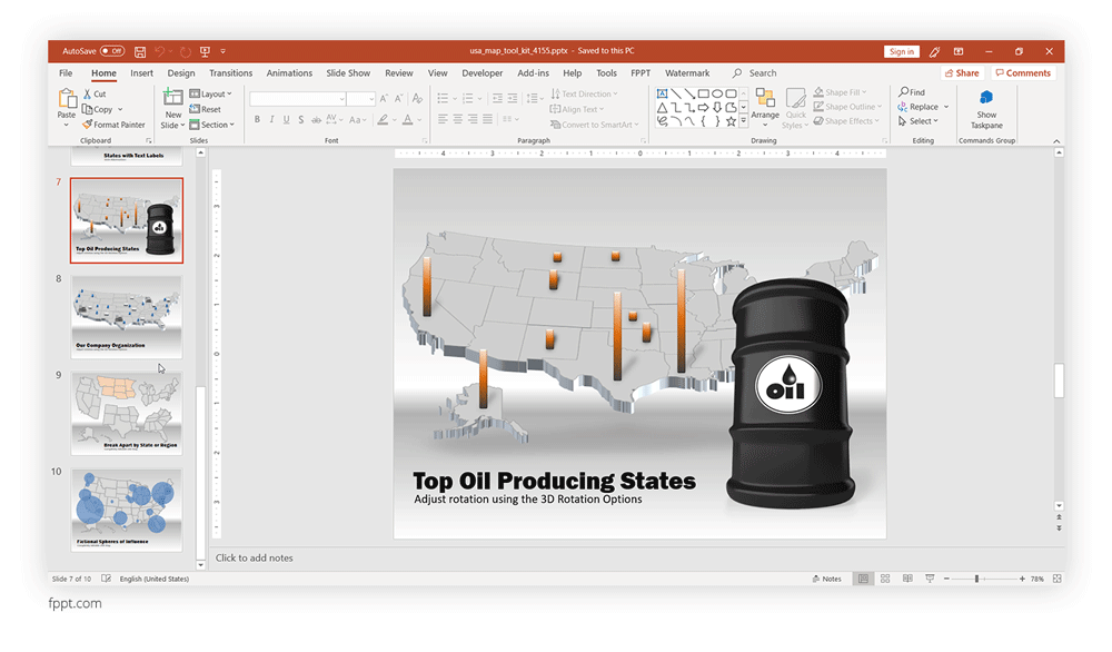 3D US Map Template for PowerPoint - Example of US map in a PowerPoint presentation about Top Oil Producing States