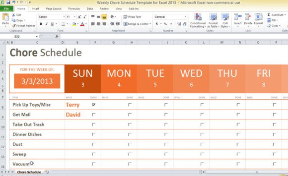 Weekly Chore Schedule Template for Excel