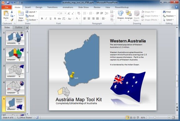 Example of Australia Map template for PowerPoint presentations with the Flag of Australia