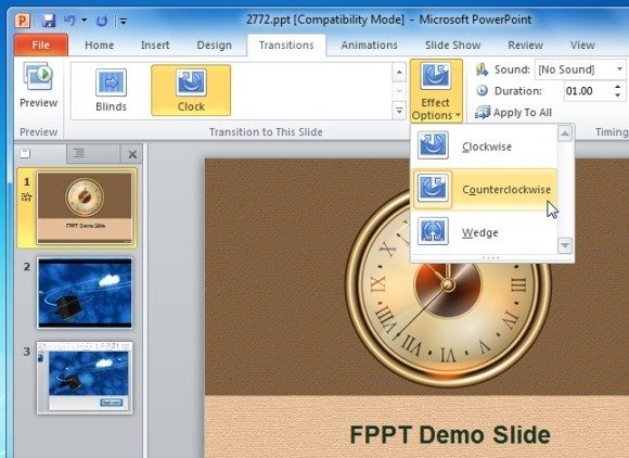 Select effect direction for Clock Effect