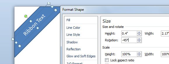 Ribbon Text created in PowerPoint with diagonal stripe shape