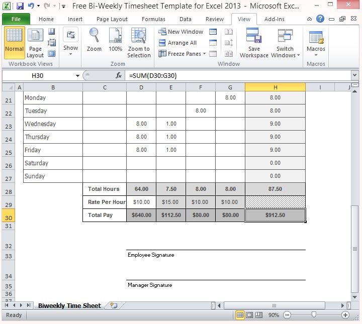 Free Bi-Weekly Timesheet Template For Excel 2013