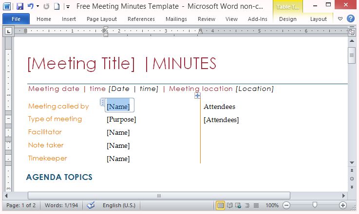 Free Meeting Minutes Template For Word