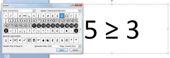 How to insert greater than or equal symbol in PowerPoint