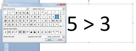 How to insert greater than symbol in PowerPoint