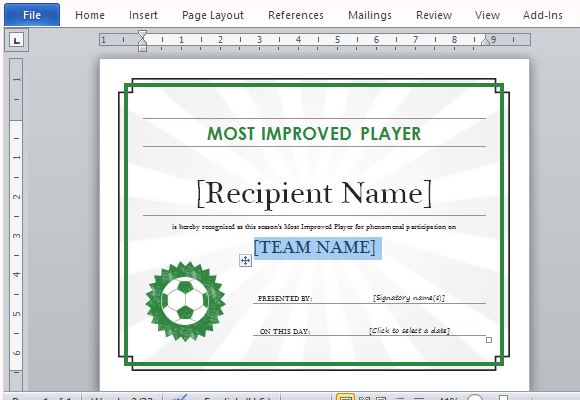 Sports Certificate template for PowerPoint presentations with customizable text