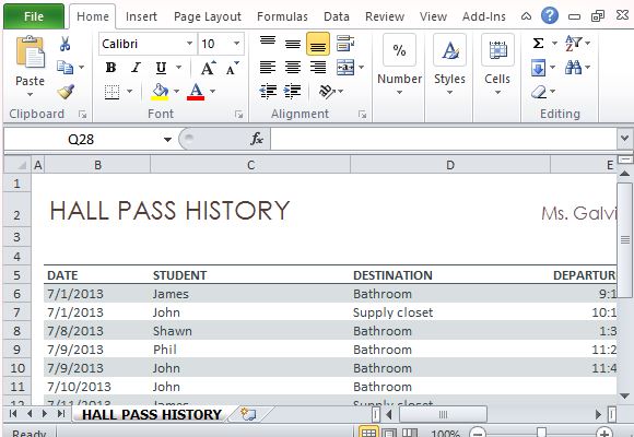 Excel 2013 Template Specially Designed for Classroom Hall Pass