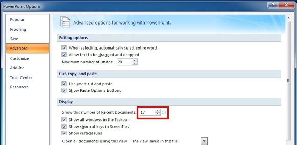 Clear recent files history in PowerPoint 2007