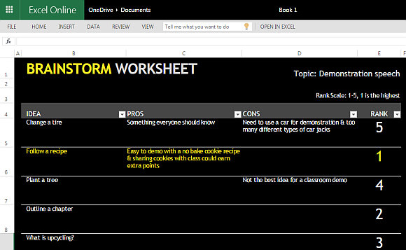 Brainstorming template for Excel Online