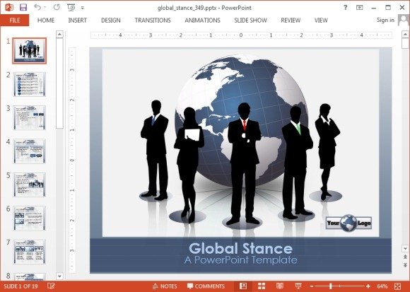 Example of Global Stance in a PowerPoint Presentation Template with Human Silhouettes and Illustrations