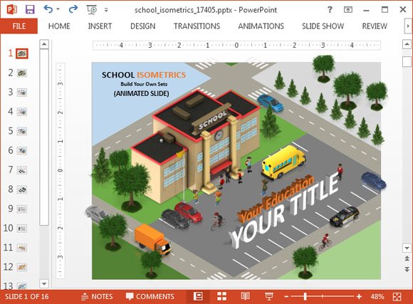 School isometric PowerPoint template with a City and School visualization