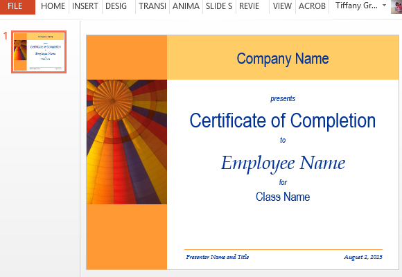 Example of Certificate of Completion to an Employee