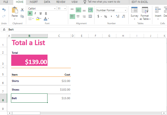 Total a List created in Microsoft Excel