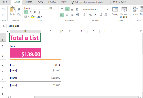 Calculate the Shopping List template in Excel