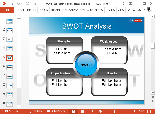 Free marketing plan PowerPoint template with slide template for SWOT analysis