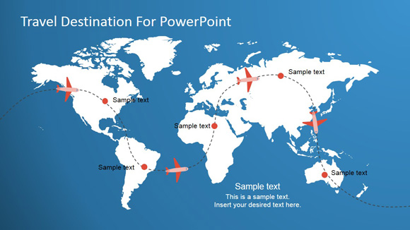 SlideModel presentation templates with a world map and travel destination slide