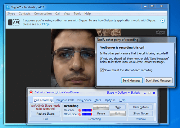 Using VODBurner to record Skype video