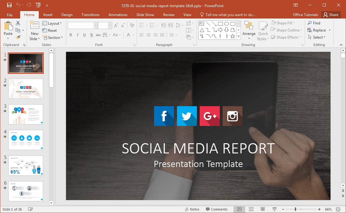 Social Media Report PowerPoint template with editable fields