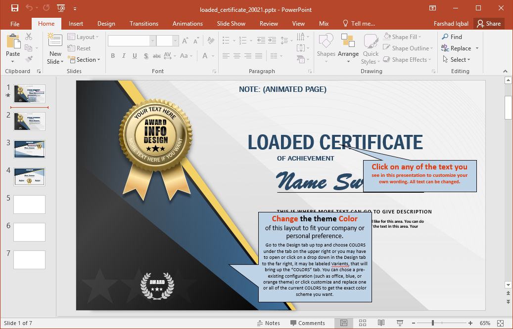 Example of Certificate PPT template with editable placeholders.