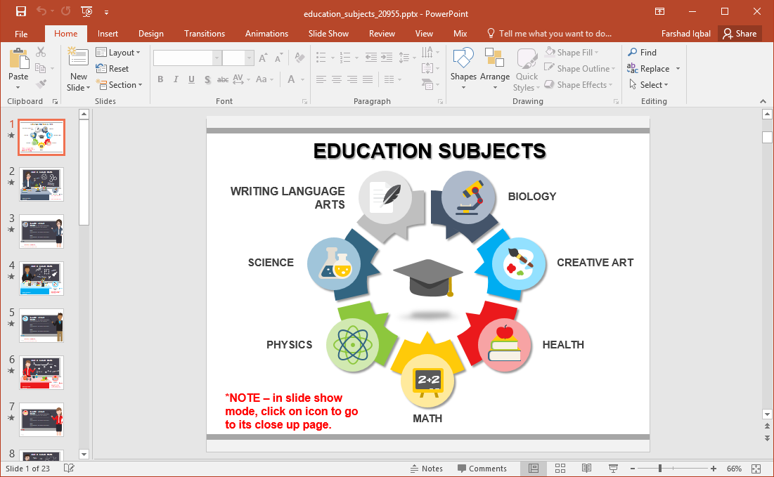 Animated PowerPoint template for education with different subjects and showing a circular diagram