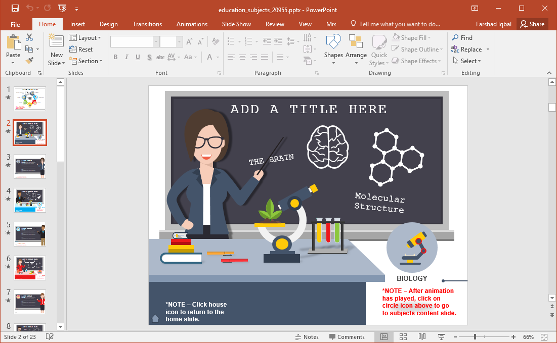 Biology slide template for PowerPoint with the Brain and Molecular Structure