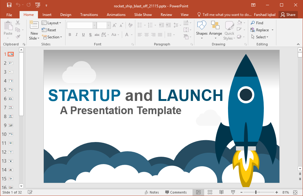 Example of animated business startup PowerPoint template with a rocket in the cover slide