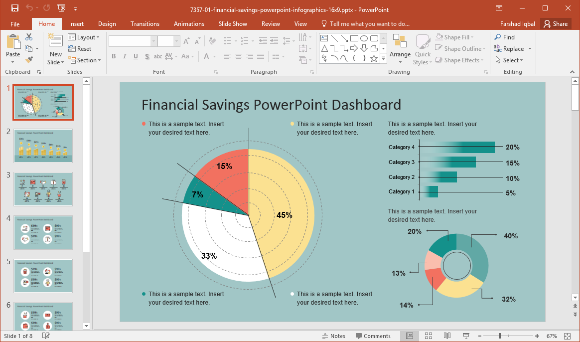 Example of dashboard presentation template with green background, radial chart and bar charts for Financial presentations