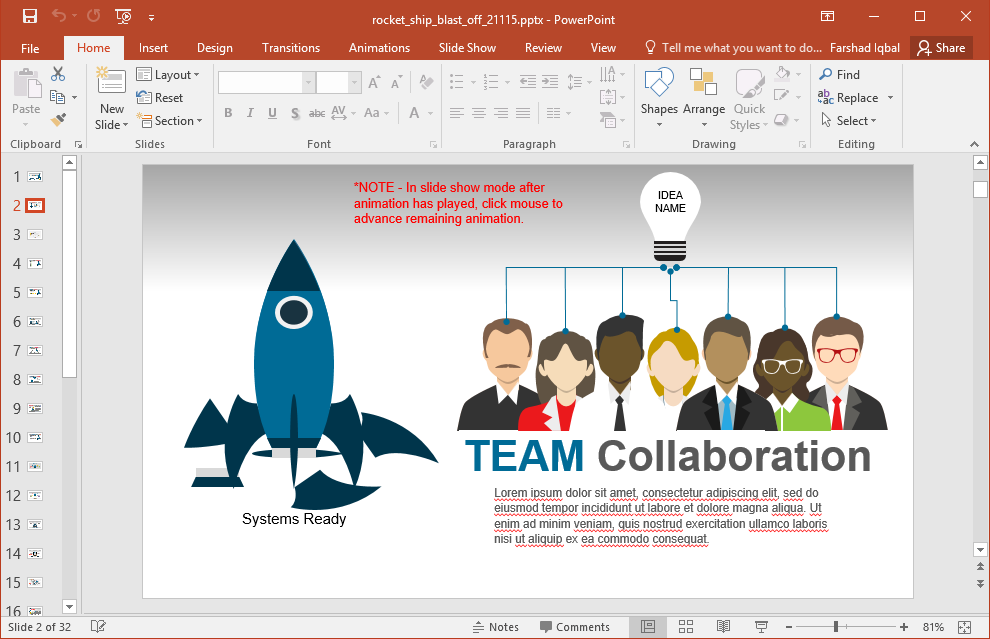 Startup PowerPoint template with rocket and team slide