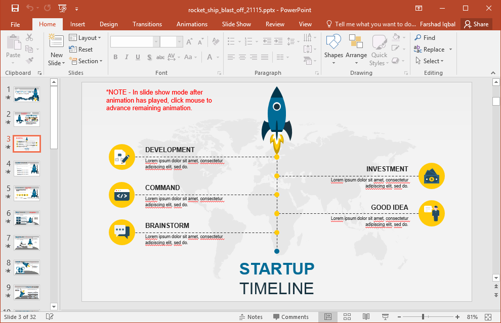 Startup slide template for presentations showing a vertical timeline with a rocket