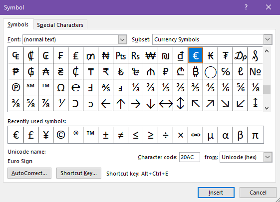 Keyboard Shortcuts for Symbols in Word