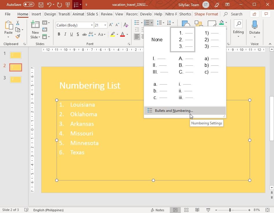 Change Numbering Settings for Each Slide