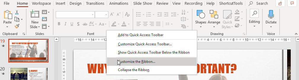 Right-click on Ribbon to Customize Tabs