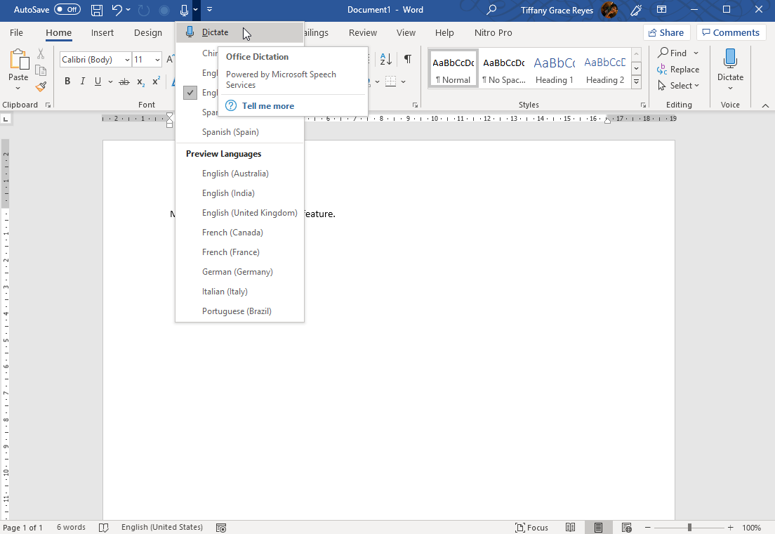 Microsoft Office Dictation Feature for Word - How To Dictate in Word - Screenshot showing the Dictate feature in Microsoft Word