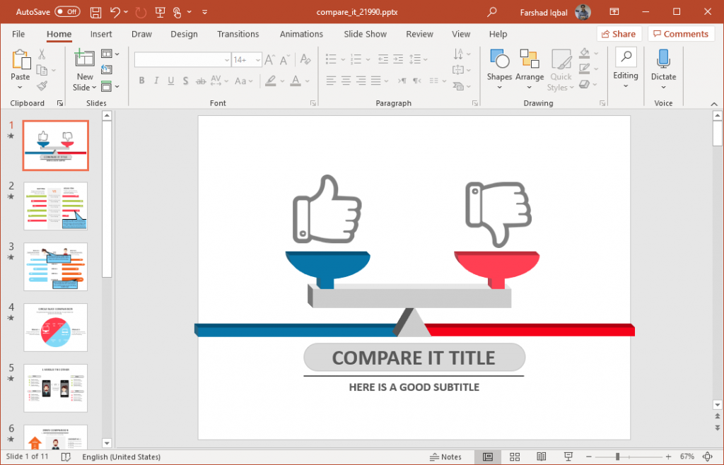 Example of Comparison Slide to compare Pros & Cons or Advantages vs. Disadvantages