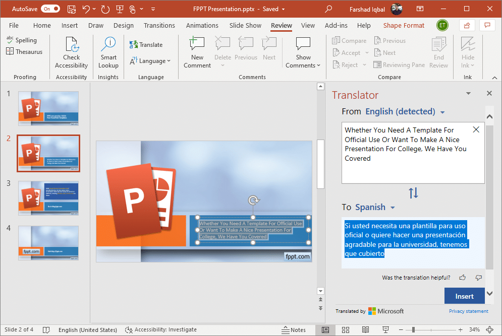 traslate text in powerpoint