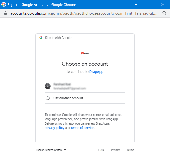 choose account for dragapp