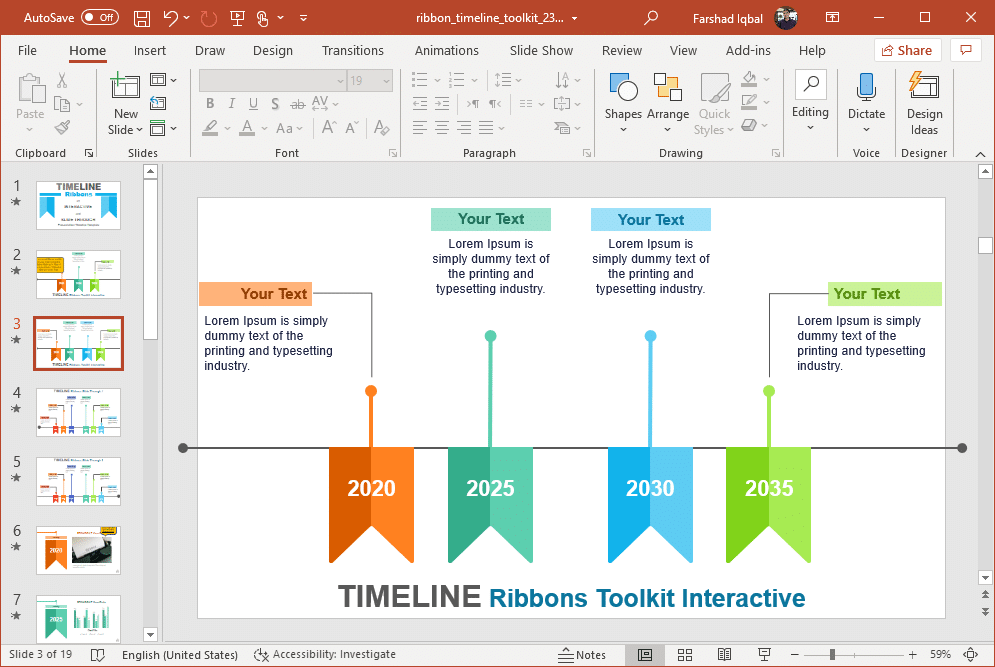 Example of interactive ribbons timeline template for PowerPoint