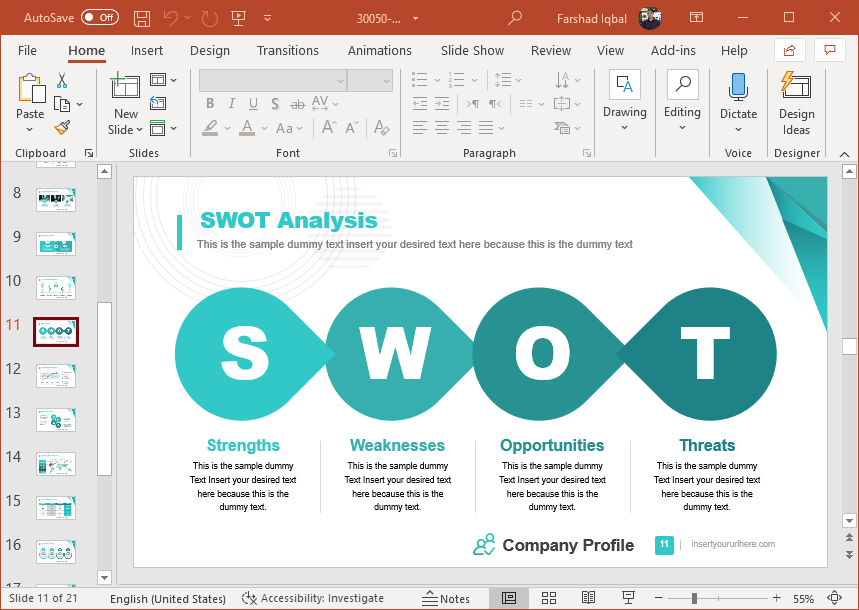 Create a SWOT analysis using customizable sample design - Horizontal SWOT Analysis slide design in a Company Profile Presentation