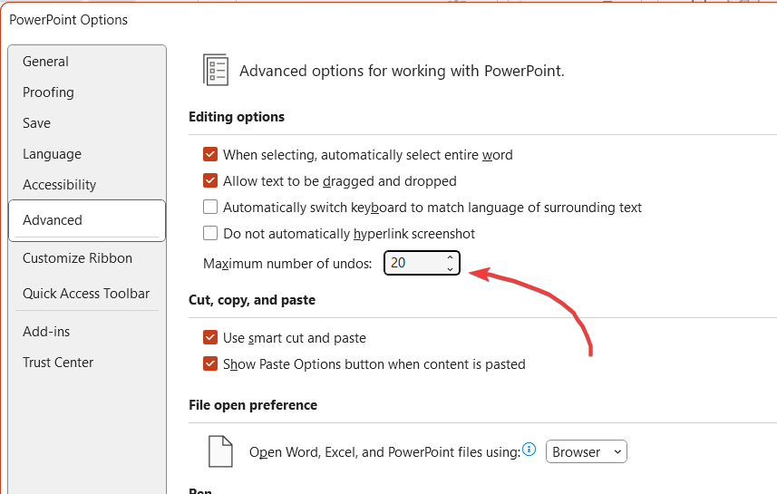 Maximum number of steps in Undo option in PowerPoint