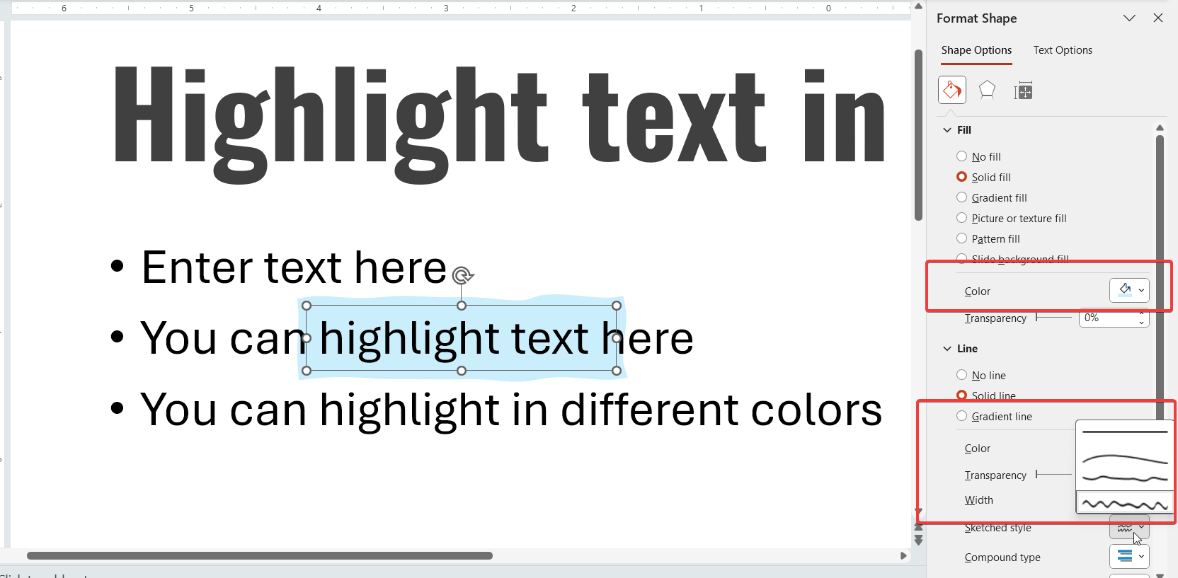 Highlight text in PowerPoint with irregular shape and solid border color