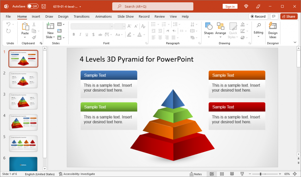 4 Level 3D Pyramid Diagram Template for PowerPoint 