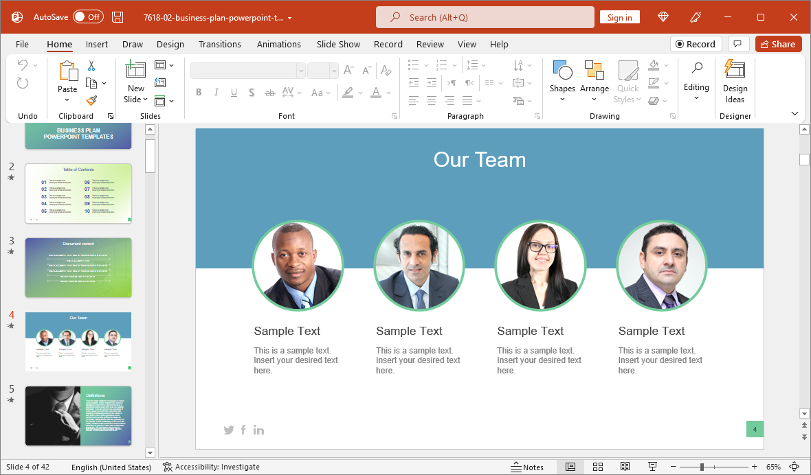 Our team slide with 4 photo placeholders for presentations, compatible with PowerPoint and Google Slides.