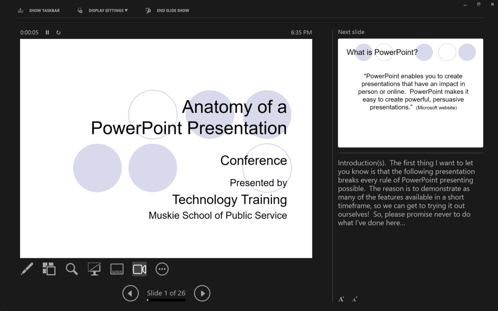 Example of PowerPoint Presentation Mode with Notes using Presenter View